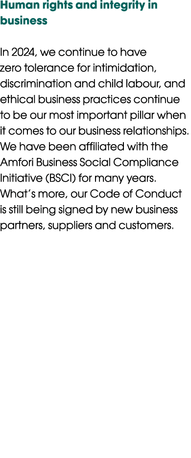 Human rights and integrity in business In 2024, we continue to have zero tolerance for intimidation, discrimination a...