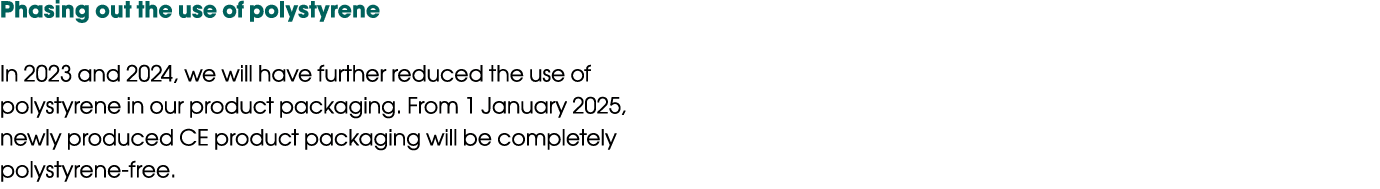 Phasing out the use of polystyrene In 2023 and 2024, we will have further reduced the use of polystyrene in our produ...