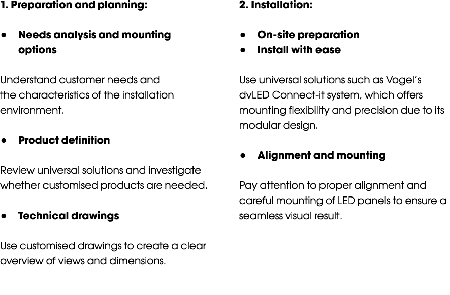 1. Preparation and planning: • Needs analysis and mounting options Understand customer needs and the characteristics ...