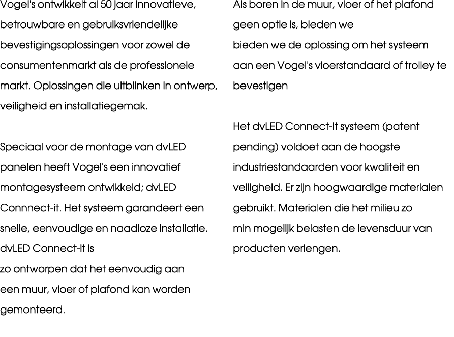 Vogel's ontwikkelt al 50 jaar innovatieve, betrouwbare en gebruiksvriendelijke bevestigingsoplossingen voor zowel de ...