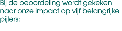 Bij de beoordeling wordt gekeken naar onze impact op vijf belangrijke pijlers: 