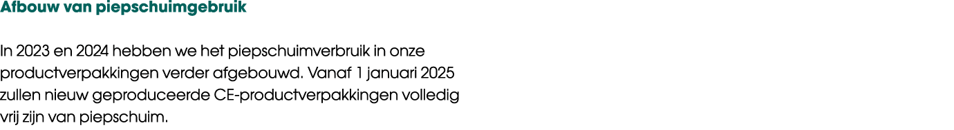Afbouw van piepschuimgebruik In 2023 en 2024 hebben we het piepschuimverbruik in onze productverpakkingen verder afge...