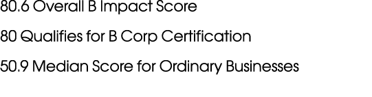 80.6 Overall B Impact Score 80 Qualifies for B Corp Certification 50.9 Median Score for Ordinary Businesses